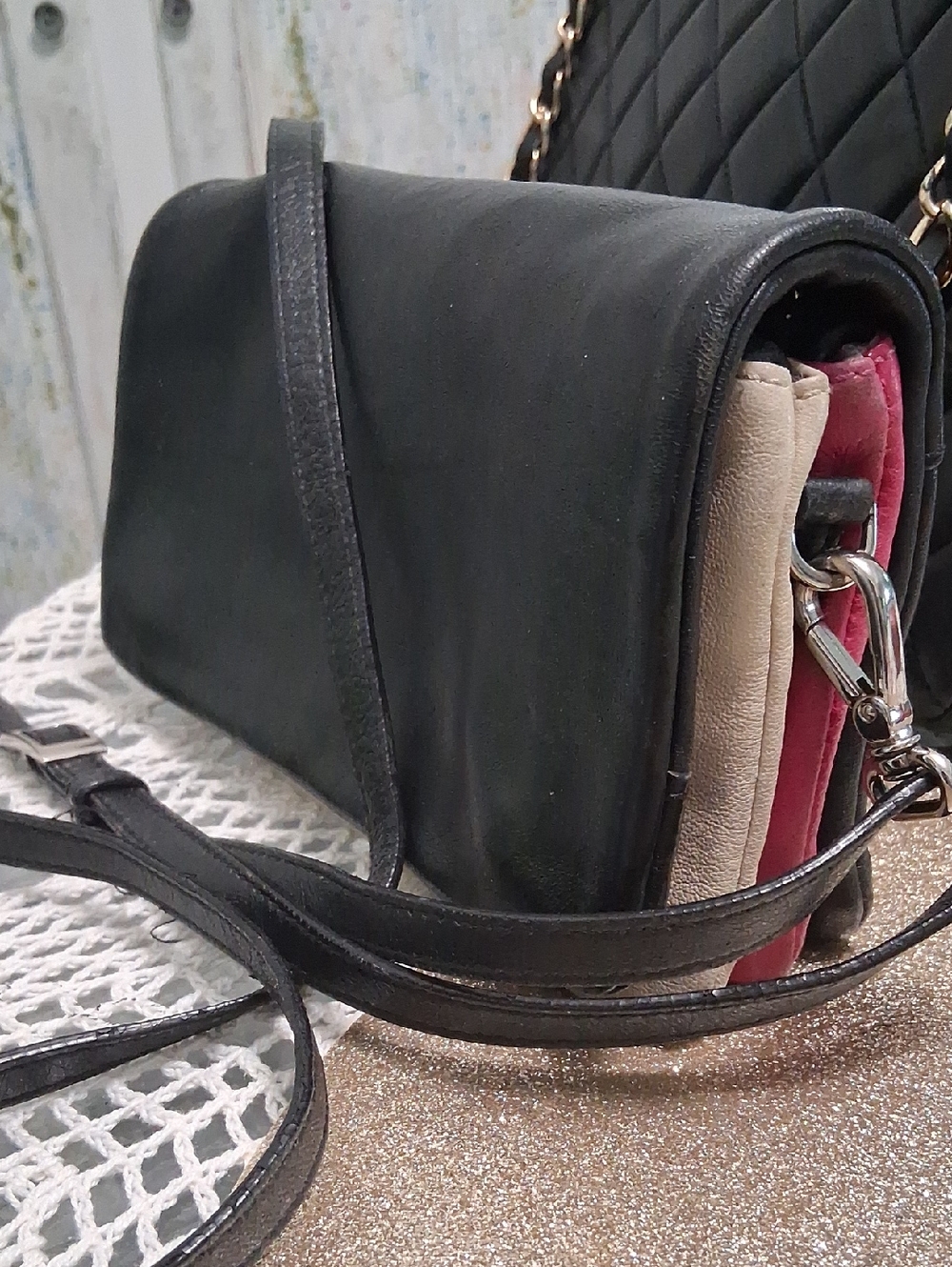 DANIER TRICOLOR VINTAGE ACCORDIAN Black Crossbody Bag with Pink & beige Accents